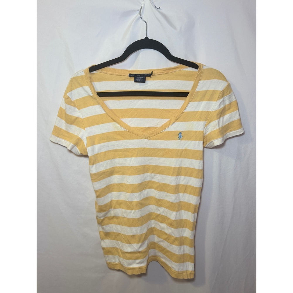 Ralph Lauren Sport Striped V Neck Tee Womens L Yellow White Y2K Preppy Pony